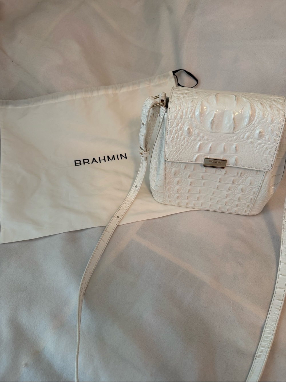 Brahmin White Croc-Embossed Leather Crossbody